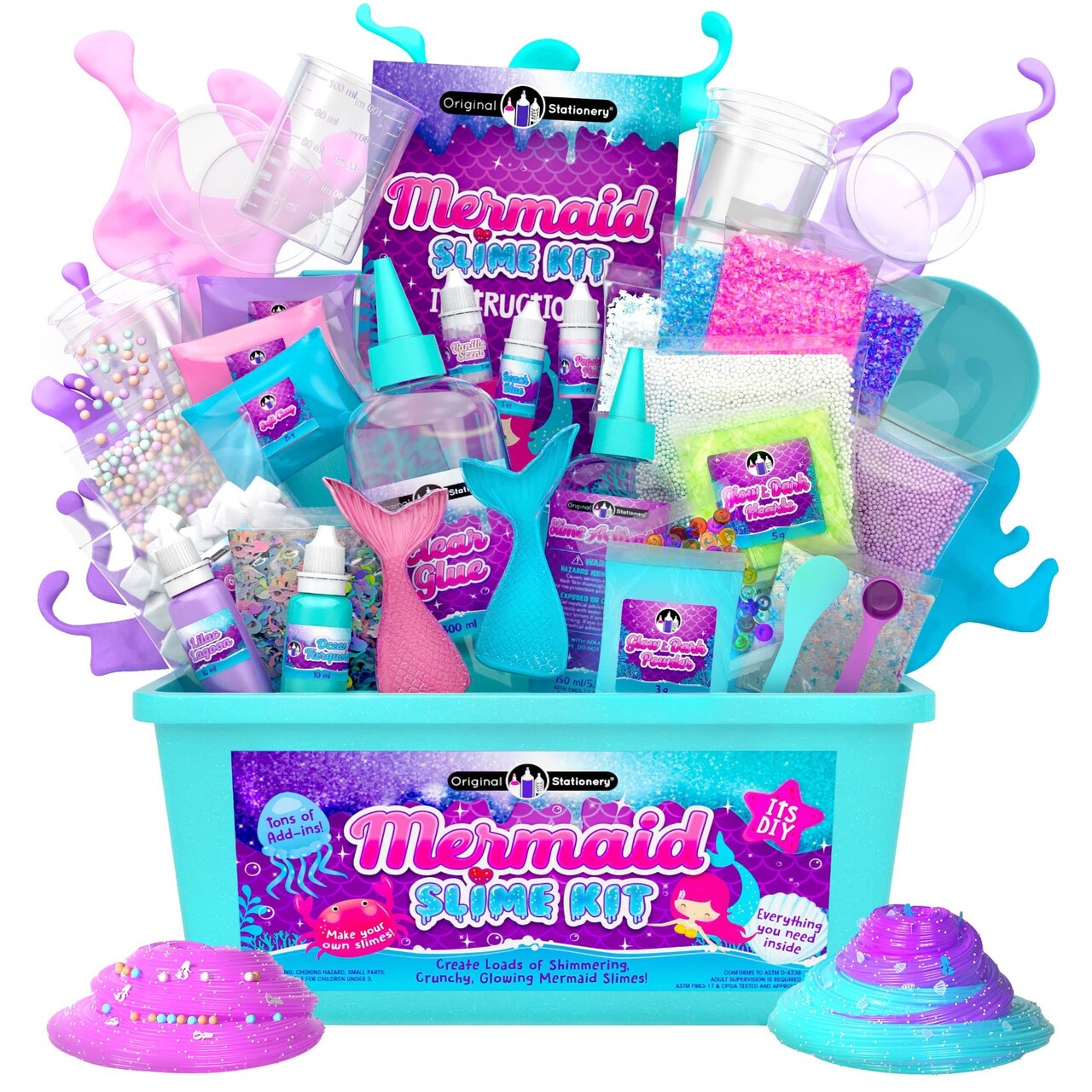 Original Stationery Mermaid Slime Kit for Girls, 35-Piece DIY Glow in The Dark Slime with Glitter Add-Ins, Create Foam, Butter and Ocean Slimes, Mermaid Gifts for Birthday, Ages 7-14